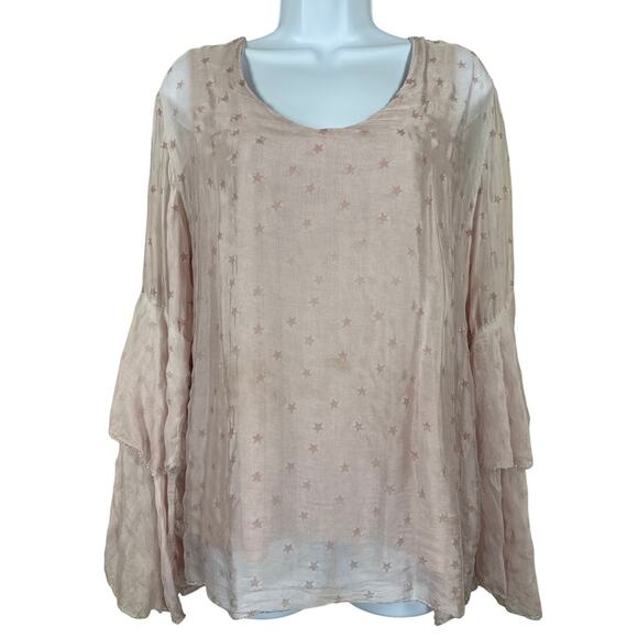 Belle France Pink Star Bell Sleeve Chiffon Silk Top Women's Large Celestial Boho - Picture 1 of 11